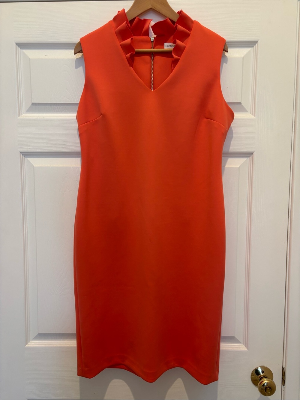 Calvin Klein Coral Ruffle Neck Sleeveless Sheath Dress Size 14
